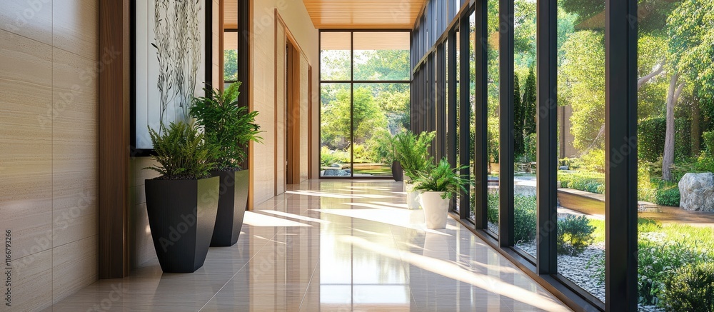 Poster sophisticated corridor with large window wall showcasing lush greenery and refined modern design in 