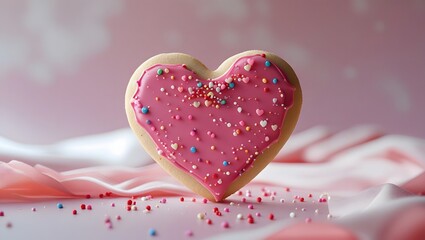 Fototapeta premium Heart-Shaped Cookie with Pink Icing and Sprinkles on Pink Background 
