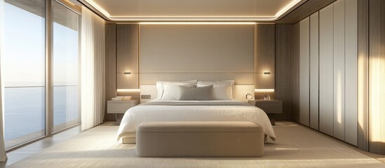 Luxurious hotel room interior showcasing a spacious double bed ideal for romantic escapes and tranquil relaxation moments