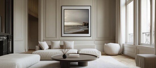 Sophisticated living room design with minimalist decor and mockup poster frame highlighting modern aesthetics and natural lighting