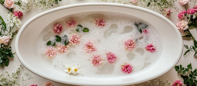 Serene bath setup featuring floating flowers and greenery for a tranquil and relaxing home spa experience in soft pastel hues