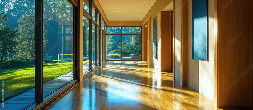 Poster elegant corridor architecture with large window walls showcasing modern design elements in an upscal