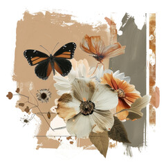 PNG  Flower and butterfly a earth tone brush stroke collage painting pattern.