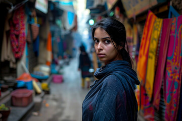 Fototapeta premium Against the backdrop of a bustling street, an Indian woman stands in confusion, unsure of which direction to take as she tries to navigate the maze of bustling alleys and crowded sidewalks