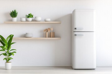 Modern White Refrigerator with Stylish Shelves and Green Plants in Minimalist Kitchen