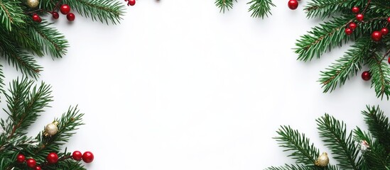 Festive holiday background with fresh evergreen branches and red berries ideal for seasonal greetings and decorations