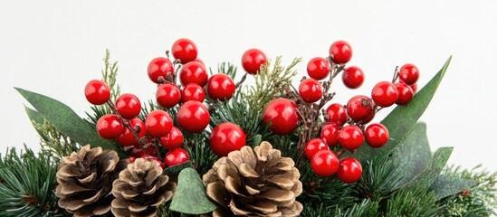 Festive evergreen wreath embellished with bright red berries and pinecones ideal for holiday home decor and seasonal celebrations