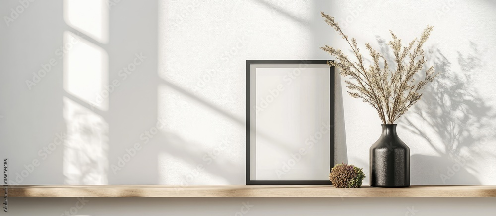 Poster elegant empty picture frame on a minimalist shelf with decorative vase and shadow play ideal for sho
