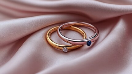 Elegant Gold and Pink Rings on Soft Satin Fabric Background