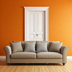 interior of a vibrant color room with a sofa. A modern living room sofa is positioned against an vibrant orange wall with a white classic door in background.