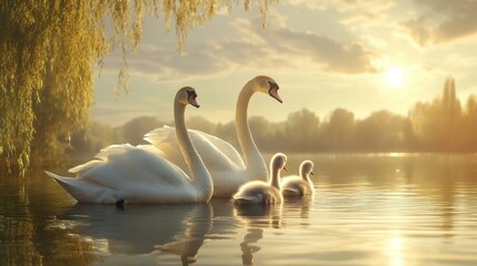 Fototapeta premium Graceful family of swans swimming peacefully on a serene river at sunset with soft golden lighting and lush greenery in the background