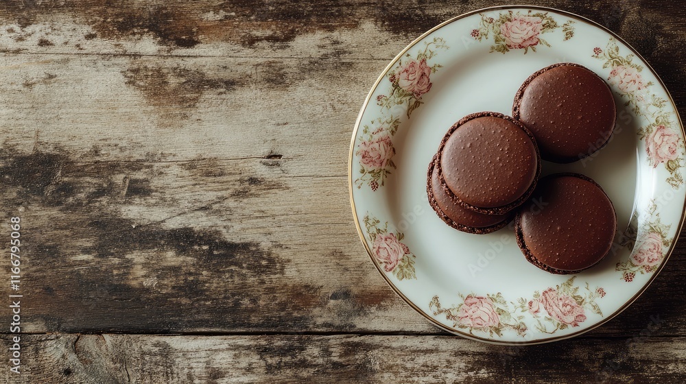 Poster chocolate macarons on a vintage floral plate resting on a rustic wooden table with empty space for t