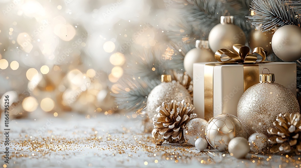 Poster captivating minimalist happy new year scene with soft white and gold tones delicate glowing sparkles