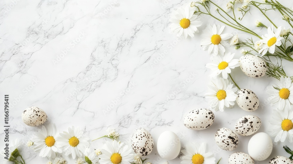 Aufkleber flat lay composition of white daisies and quail eggs on a marble surface with negative space for tex