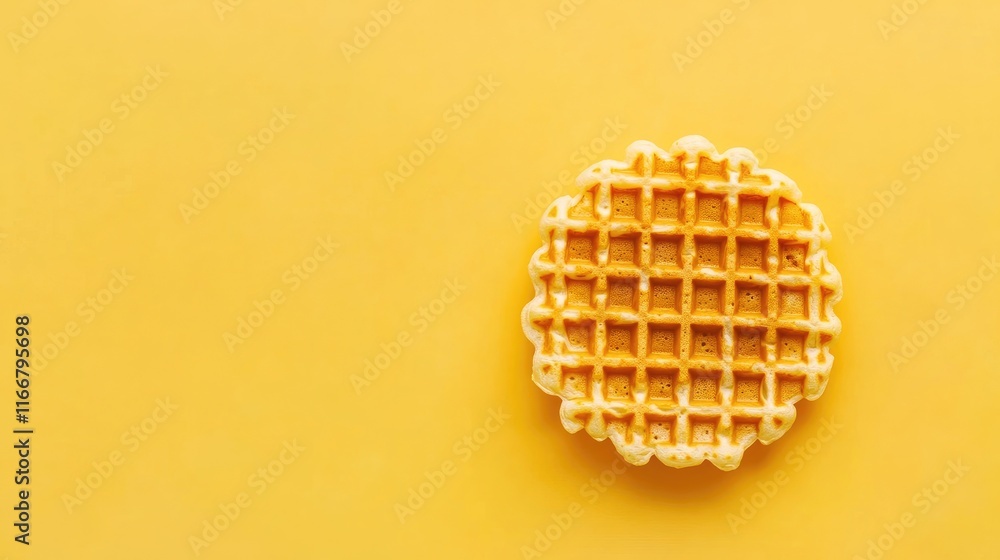 Poster flat lay of a single waffle on vibrant yellow background with ample copy space for food branding or 
