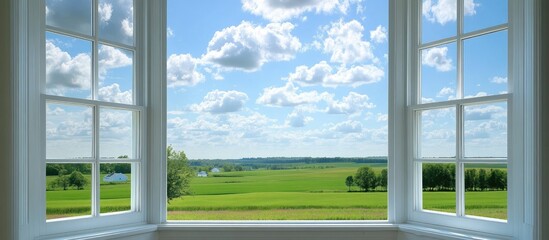 Scenic rural landscape view from white wooden windows highlighting blue skies and green fields embodying summer tranquility and freedom. © NeuralNiche