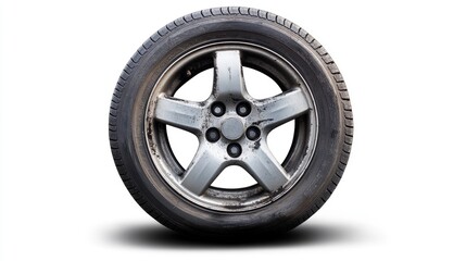 Obraz premium Damaged Vehicle Wheel with Flat Tire Isolated on White Background Showing Shadows and Wear on Pavement Surface