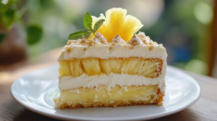 Deliciously layered pineapple cake topped with fresh fruit and mint for a refreshing dessert experience