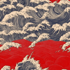 A series of waves and waves with a red seamless pattern background