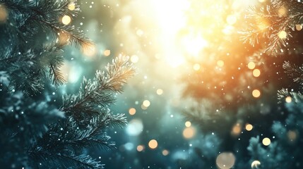 Winter fir tree branches glistening with snow amidst a softly blurred festive background illuminated by warm garland lights and sunlight.