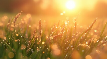 Fototapeta premium Enchanting spring sunrise over a dew-kissed field of young wheat glistening in the warm golden light of dawn.