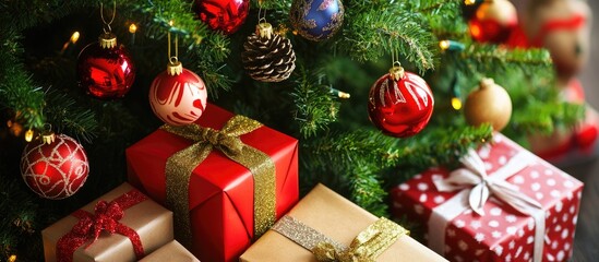 Cozy living room with a beautifully decorated Christmas tree adorned with colorful ornaments and wrapped gifts beneath its branches