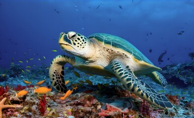The image is an underwater scene of a sea turtle swimming over a coral reef. - 1