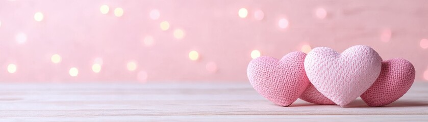 Fototapeta premium Soft pink hearts on a wooden surface, illuminated by gentle bokeh lights, create a romantic and dreamy atmosphere.