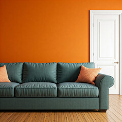 interior of a vibrant color room with a sofa. A modern living room sofa is positioned against an vibrant orange wall with a white classic door in background.