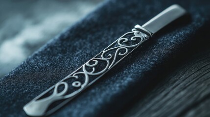 Elegant Ornate Silver Knife with Intricate Design on Dark Fabric
