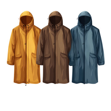 three hooded raincoats, yellow, brown, blue clip art preview