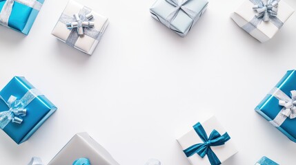 Flat lay arrangement of elegant silver and blue gift boxes on a clean white background ideal for festive celebrations and seasonal decorations