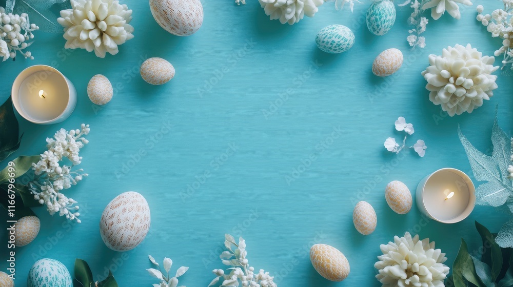 Poster easter decorations flatlay with pastel-colored eggs and candles on a blue background creating a fest