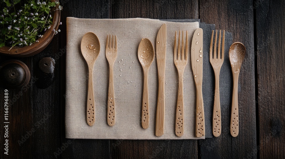 Poster elegant flat lay of wooden utensils on a textured napkin with water droplets against a rustic dark t