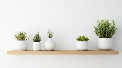 Modern Wooden Shelf Decorated with Succulent Plants Against a Minimalist White Wall for Stylish Interior Design Display