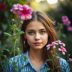 Naklejka premium Portrait of young woman with flowers.