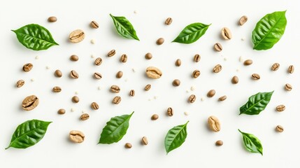 Flat Lay of Unroasted Green Coffee Beans Arabica Seeds and Fresh Leaves on Minimalist White Background