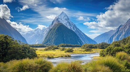 Fototapeta premium Majestic mountain landscape featuring snow-capped peaks lush valleys and vibrant greenery ideal for nature lovers and outdoor enthusiasts