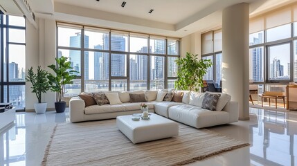 A cozy living area boasts a white sofa and stylish cushion. Ample windows flood the room with natural light, lending a soothing ambiance to any hotel or apartment. 