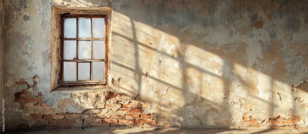 Poster vintage workspace with rustic walls and a window casting shadows, enhancing the atmosphere of creati