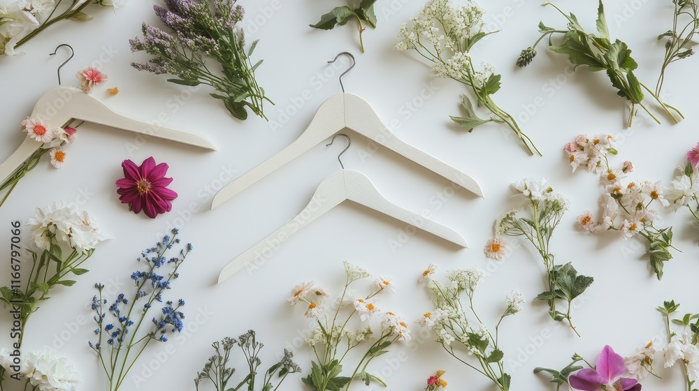 Aufkleber flatlay composition featuring coat hangers and an array of seasonal flowers emphasizing a stylish fa