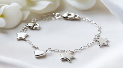 Elegant Silver Bracelet with Heart and Star Charms on Soft Fabric