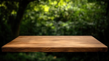 Fototapeta premium Wooden Table with Natural Blurred Background Ideal for Product Promotion and Display in a Tranquil Outdoor Setting