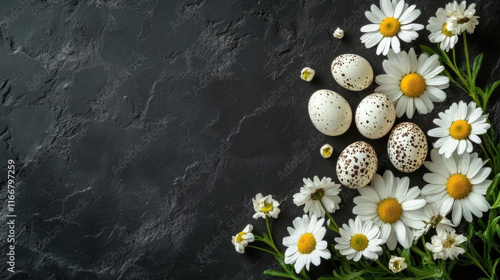 Poster flat lay arrangement of fresh white daisies and quail eggs on dark textured surface with ample empty