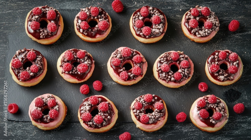 Poster raspberry donuts arranged in a flat lay display on a rustic black surface tempting indulgent dessert