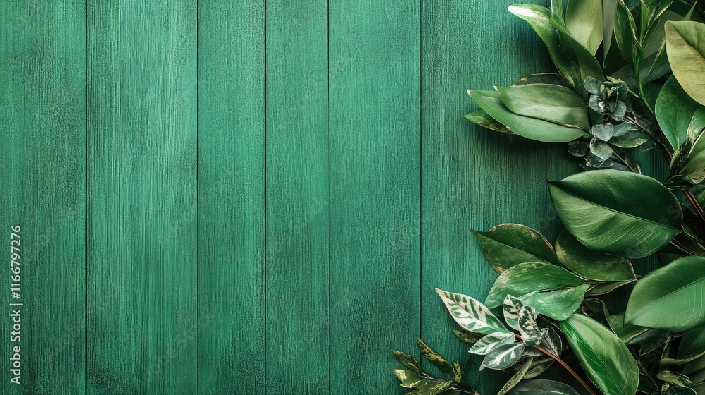 Poster Green textured background flat lay with lush leaves creating a natural and fresh environment ideal for text overlay or design projects