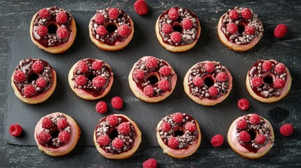Raspberry donuts arranged in a flat lay display on a rustic black surface tempting indulgent dessert with empty space for text