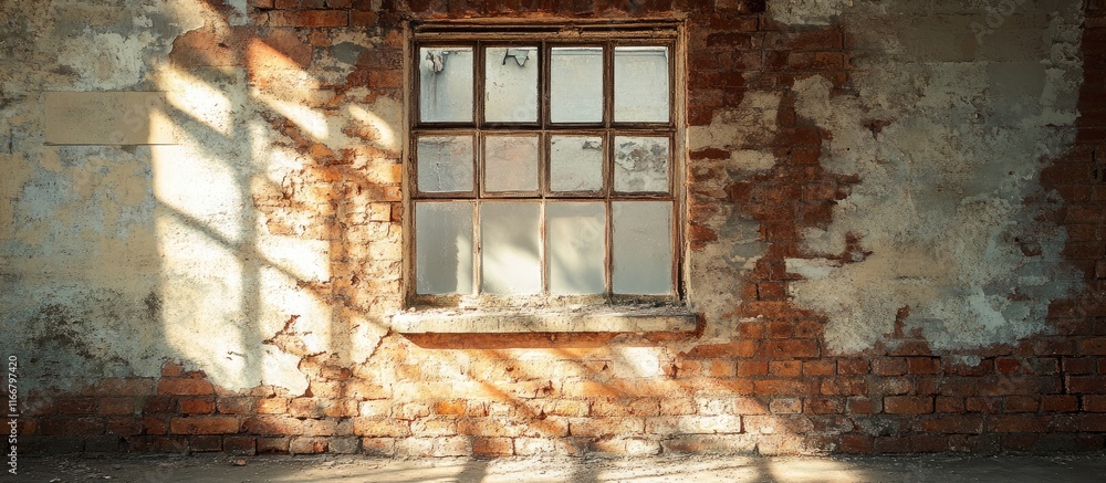 Poster abandoned workspace with a rustic window displaying aged walls and natural light creating a unique a