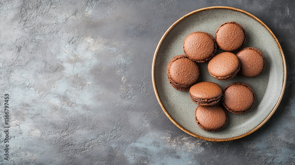 Poster delicious chocolate macarons arranged neatly on a rustic plate with soft grey background ideal for d