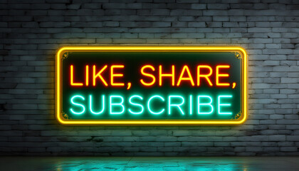 Like Share Subscribe Neon Sign on Brick Wall, Social Media Engagement, Neon Like Share Subscribe Graphic, YouTube and Social Media Promotion, Neon Sign for Engagement